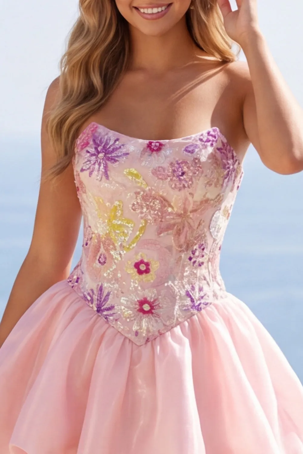 Pink A-Line Strapless Floral Sequins Homecoming Dress sold by Zapaka product image thumbnail 5