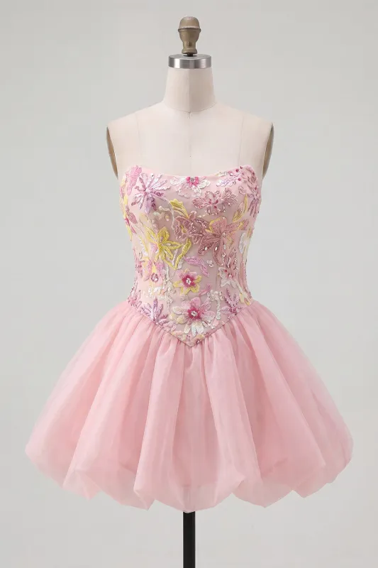 Pink A-Line Strapless Floral Sequins Homecoming Dress made by Zapaka