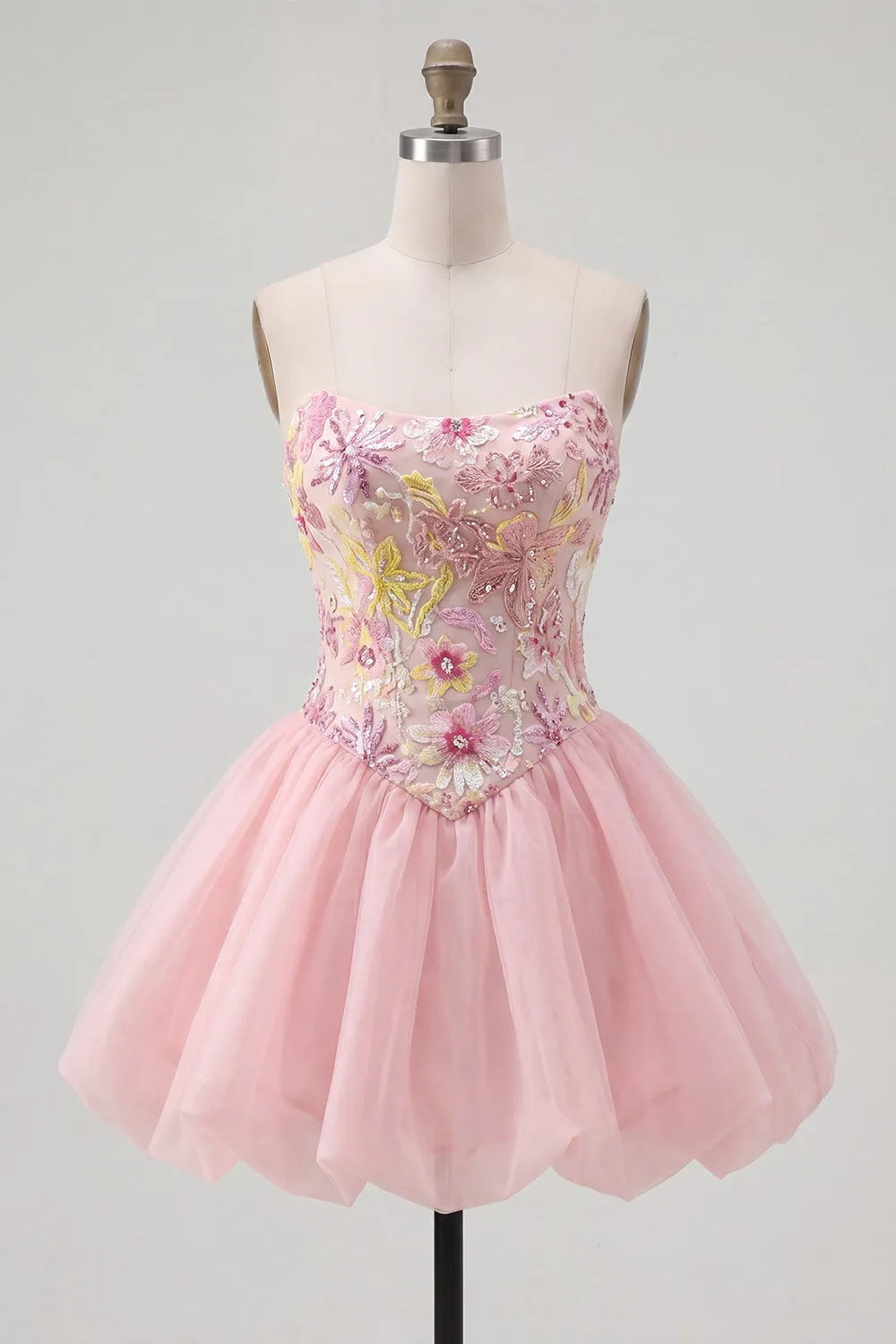 Pink A-Line Strapless Floral Sequins Homecoming Dress sold by Zapaka