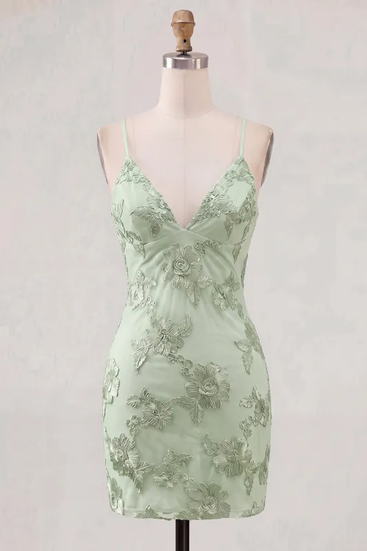 Sage Green Floral Bodycon Spaghetti Straps Homecoming Dress made by Zapaka