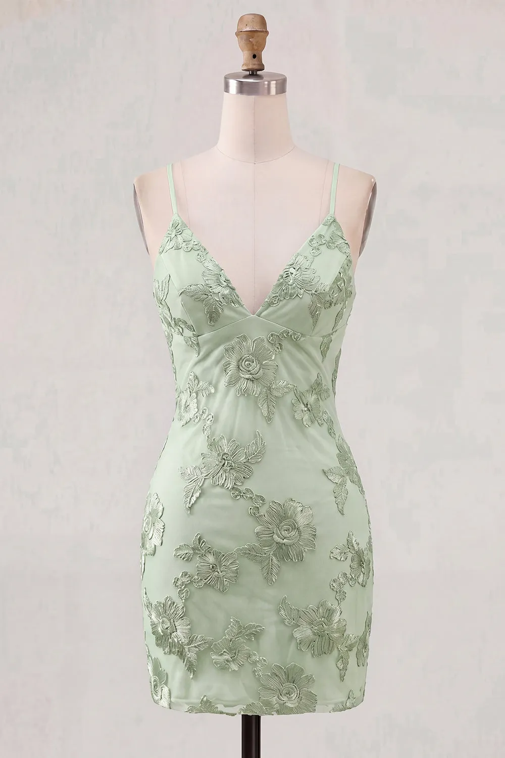 Sage Green Floral Bodycon Spaghetti Straps Homecoming Dress sold by Zapaka