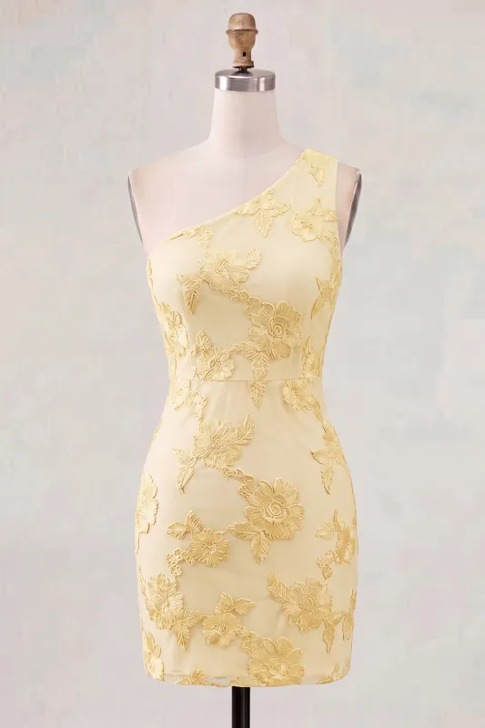 One Shoulder Yellow Bodycon Floral Homecoming Dress made by Zapaka
