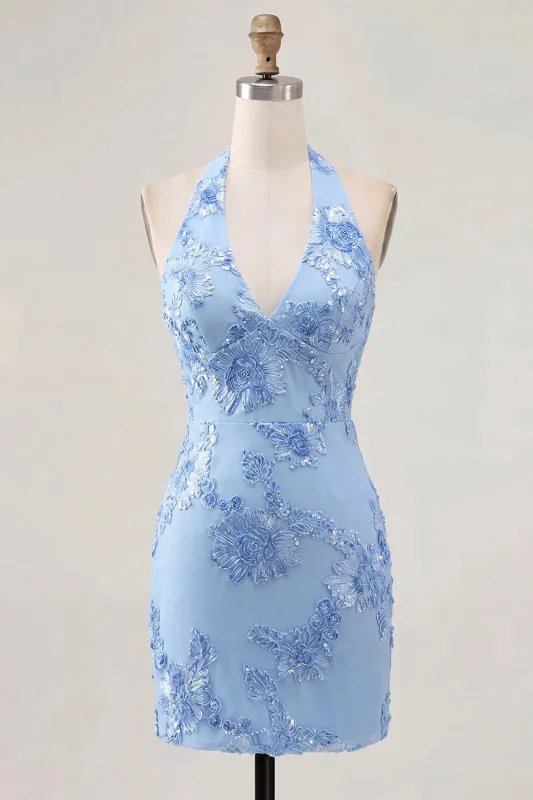 Light Blue Halter Neck Bodycon Floral Homecoming Dress made by Zapaka