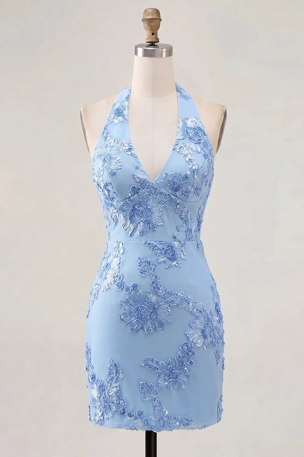 Light Blue Halter Neck Bodycon Floral Embroidery Short Homecoming Dress sold by Zapaka