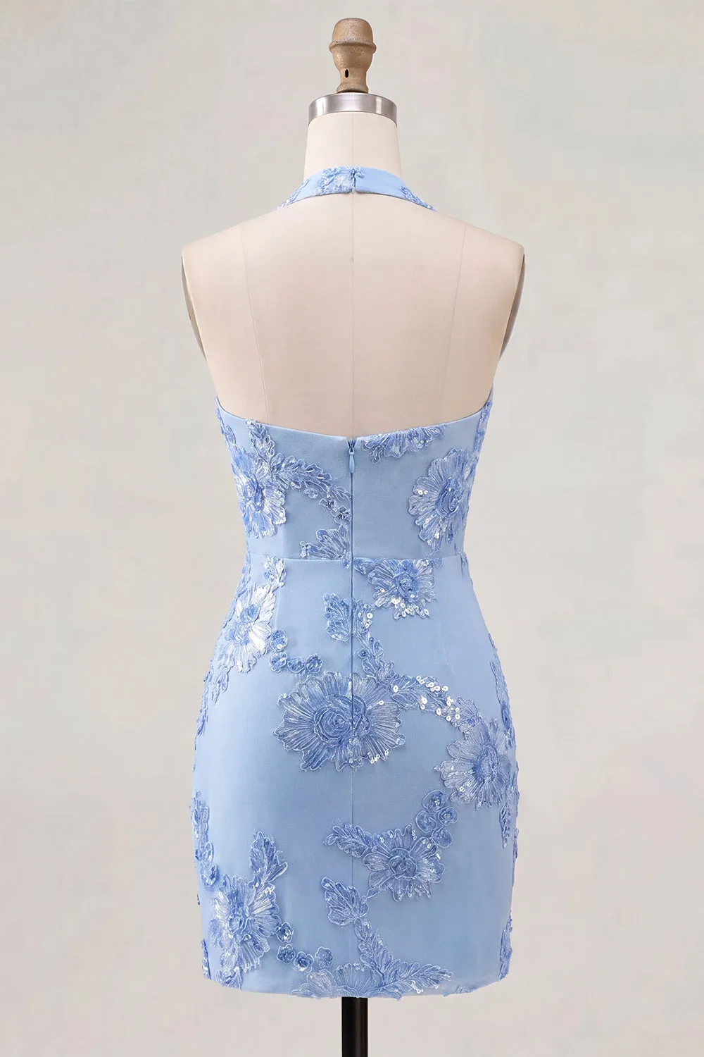 Light Blue Halter Neck Bodycon Floral Embroidery Short Homecoming Dress sold by Zapaka product image thumbnail 2