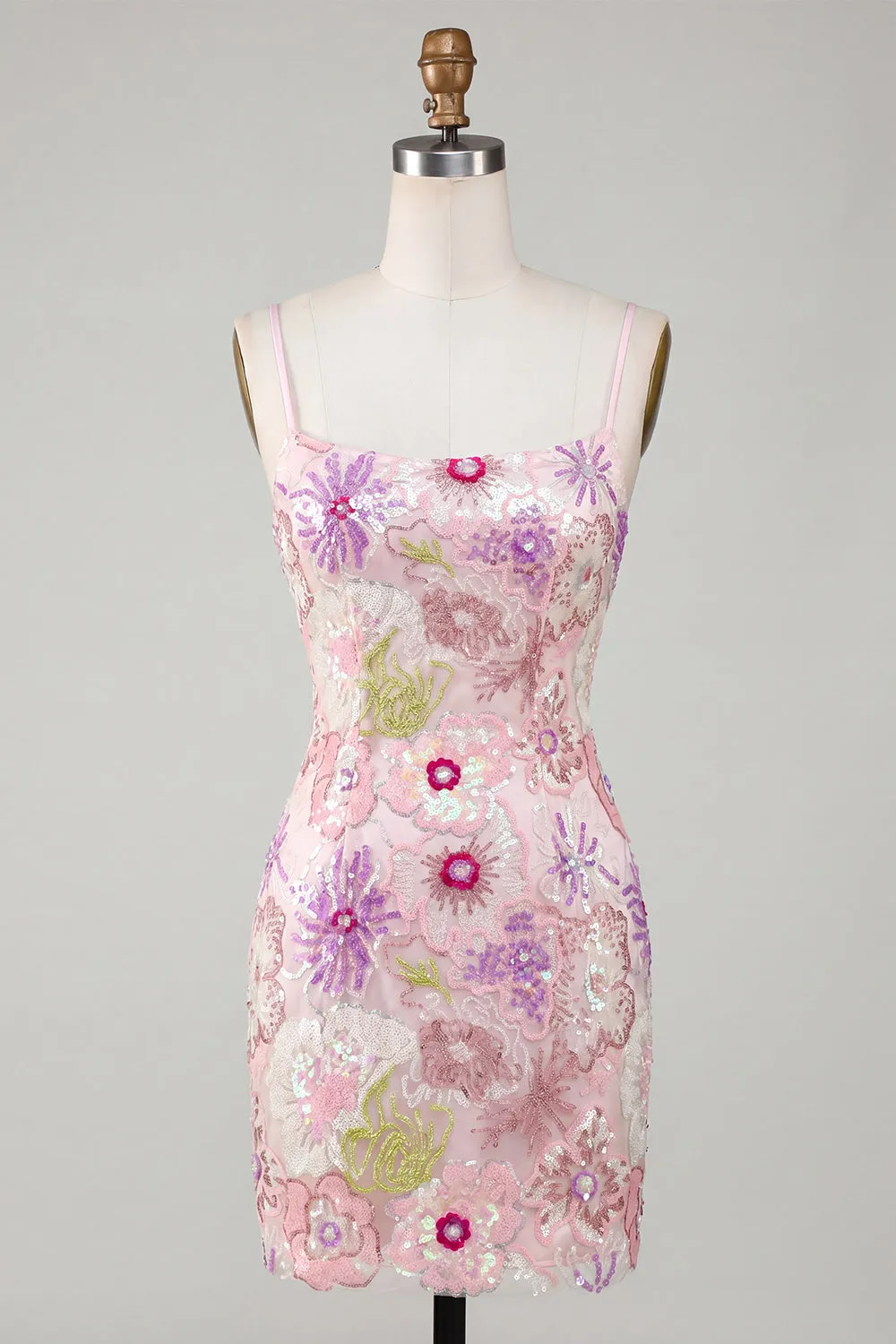 Sparkly Pink Spaghetti Straps Floral Sequins Homecoming Dress sold by Zapaka