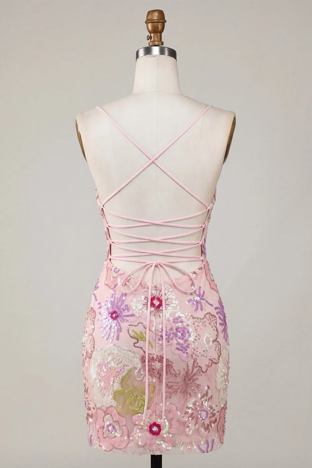Sparkly Pink Spaghetti Straps Floral Sequins Homecoming Dress sold by Zapaka product image thumbnail 2