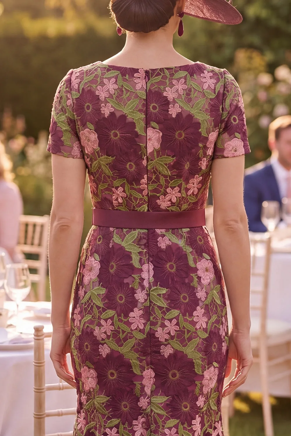 Burgundy Square Neck Floral Midi Mother of the Bride Dress with Belt sold by Zapaka product image thumbnail 4
