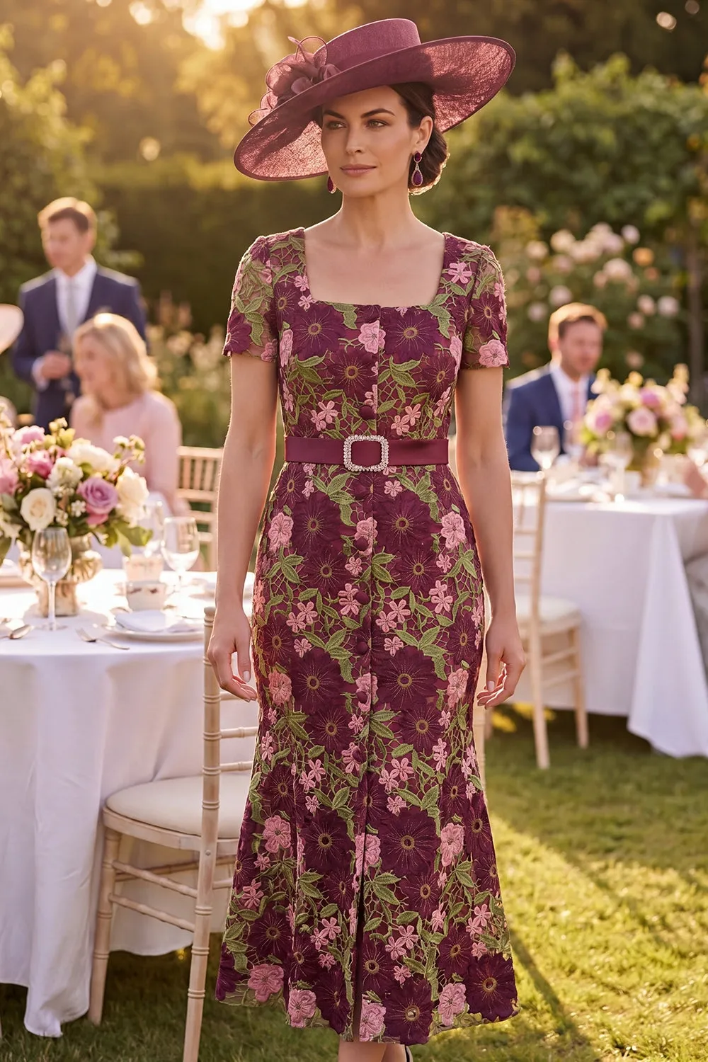 Burgundy Square Neck Floral Midi Mother of the Bride Dress with Belt sold by Zapaka
