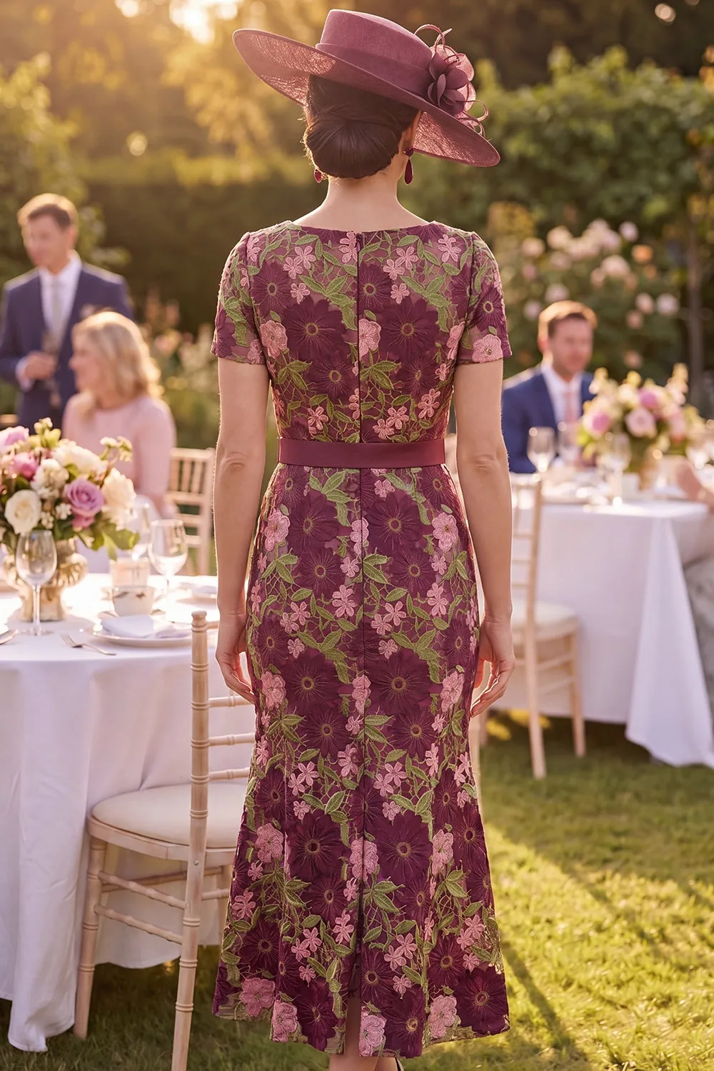 Burgundy Square Neck Floral Midi Mother of the Bride Dress with Belt sold by Zapaka product image thumbnail 2