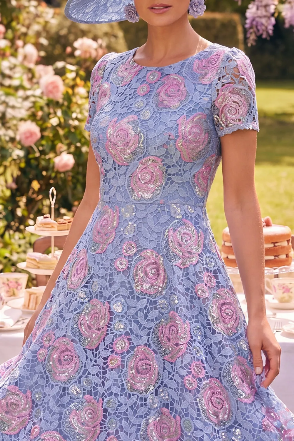 Blue Round Neck Floral Midi Mother of the Bride Dress with Lace sold by Zapaka product image thumbnail 3