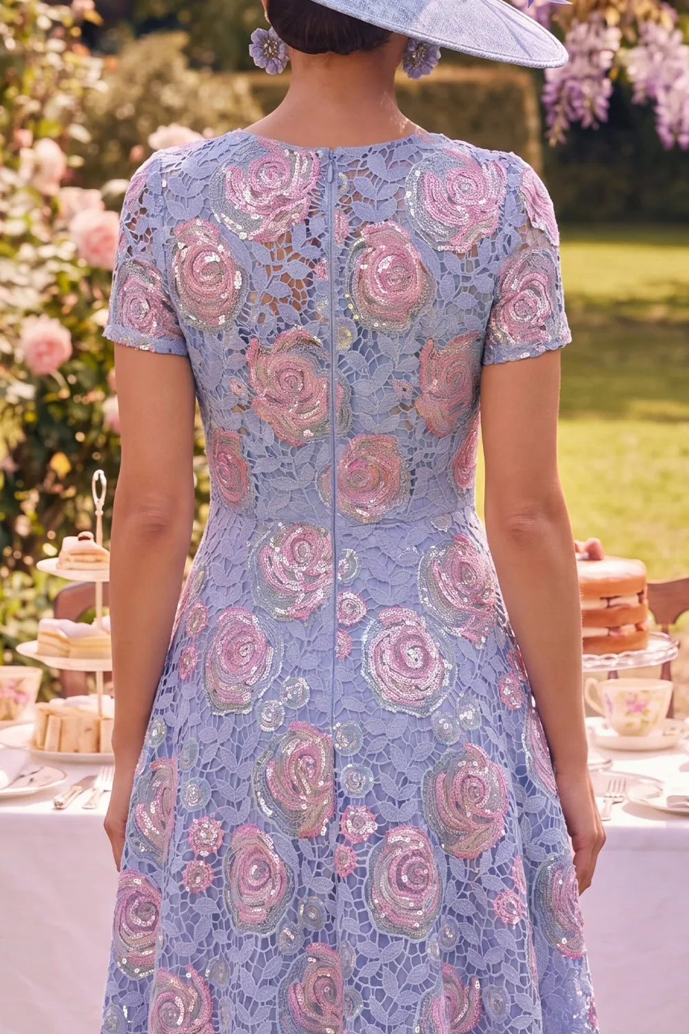 Blue Round Neck Floral Midi Mother of the Bride Dress with Lace sold by Zapaka product image thumbnail 4