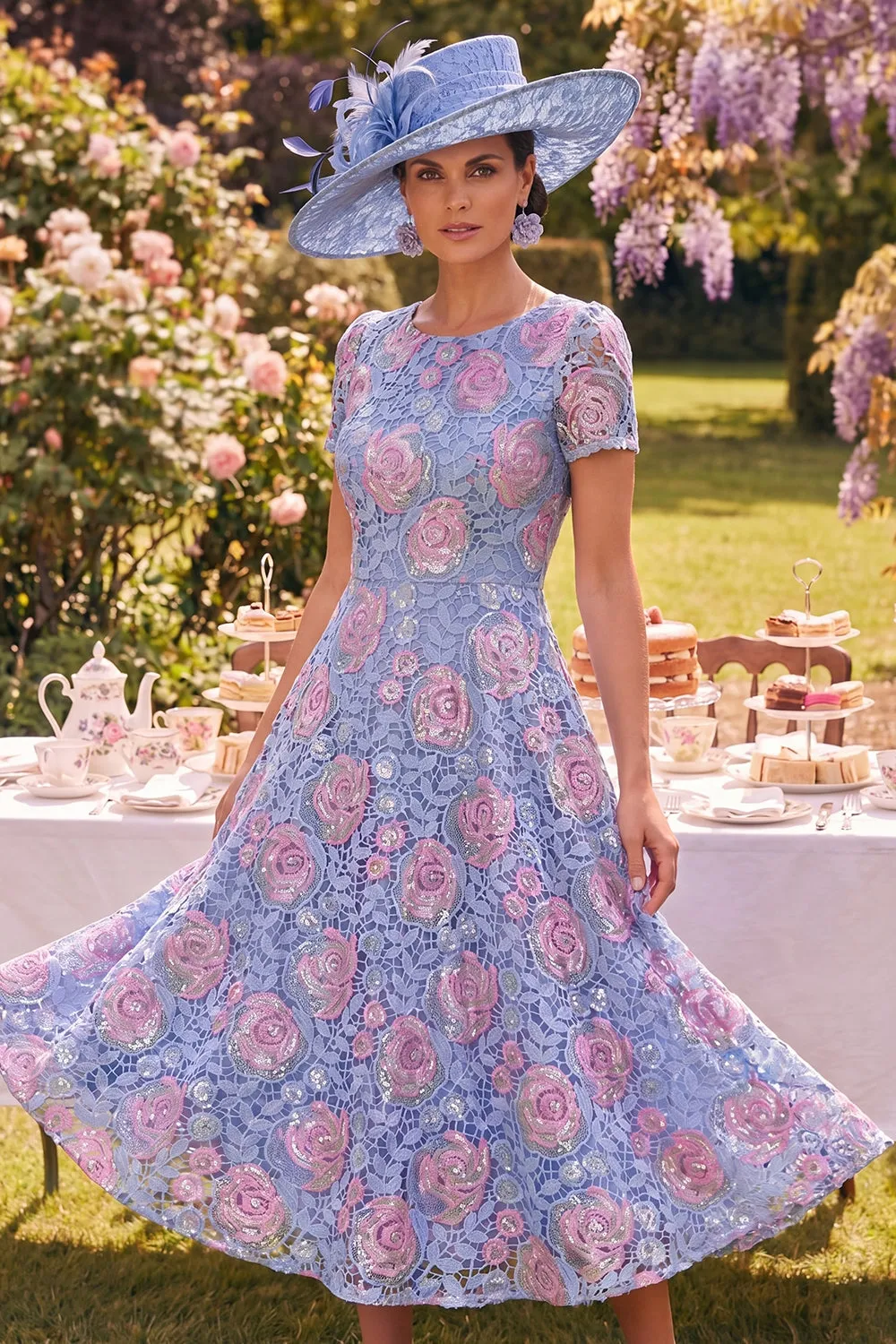 Blue Round Neck Floral Midi Mother of the Bride Dress with Lace sold by Zapaka