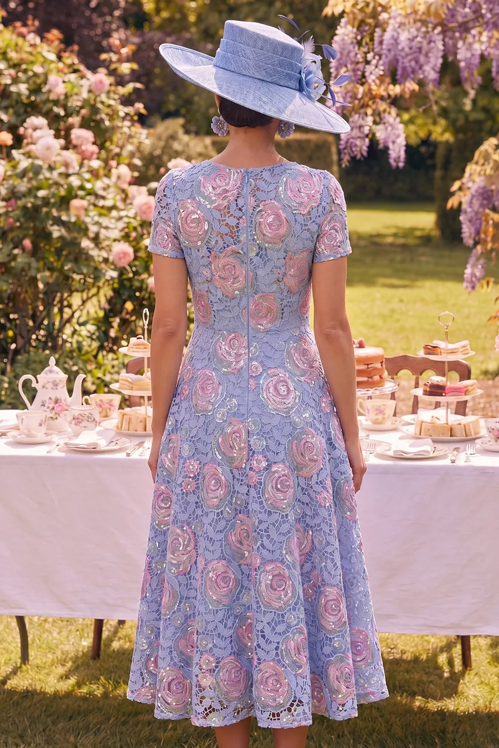 Blue Round Neck Floral Midi Mother of the Bride Dress with Lace sold by Zapaka product image thumbnail 2