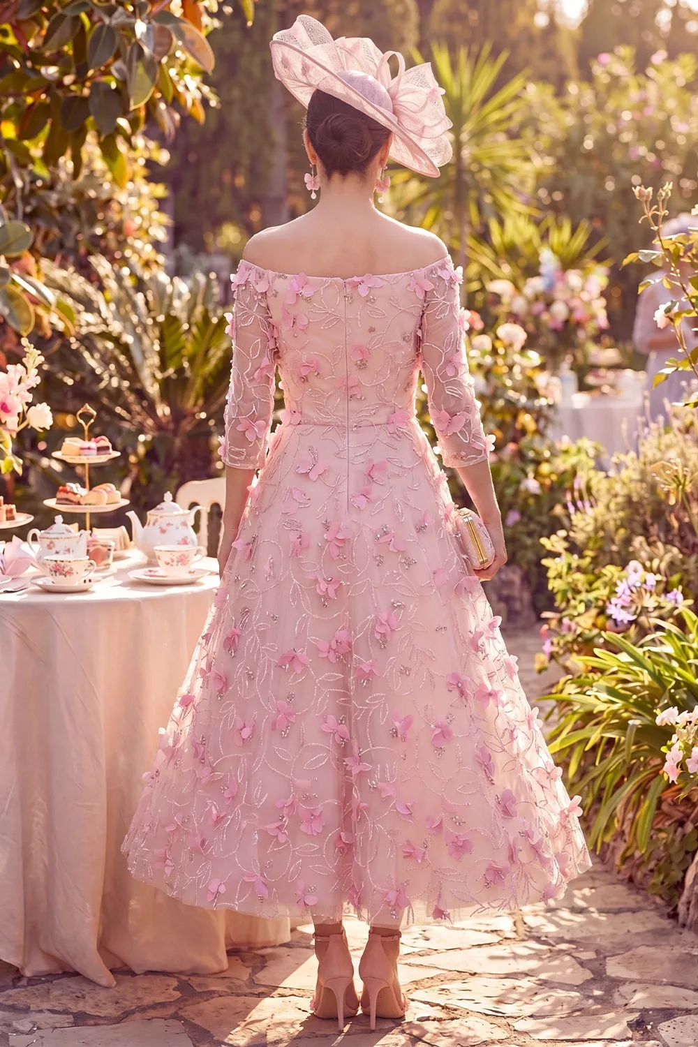 A-Line Off the Shoulder Pink Midi Mother of the Bride Dress with 3D Flowers sold by Zapaka product image thumbnail 2