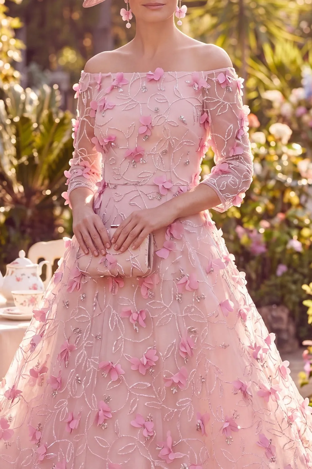 A-Line Off the Shoulder Pink Midi Mother of the Bride Dress with 3D Flowers sold by Zapaka product image thumbnail 3