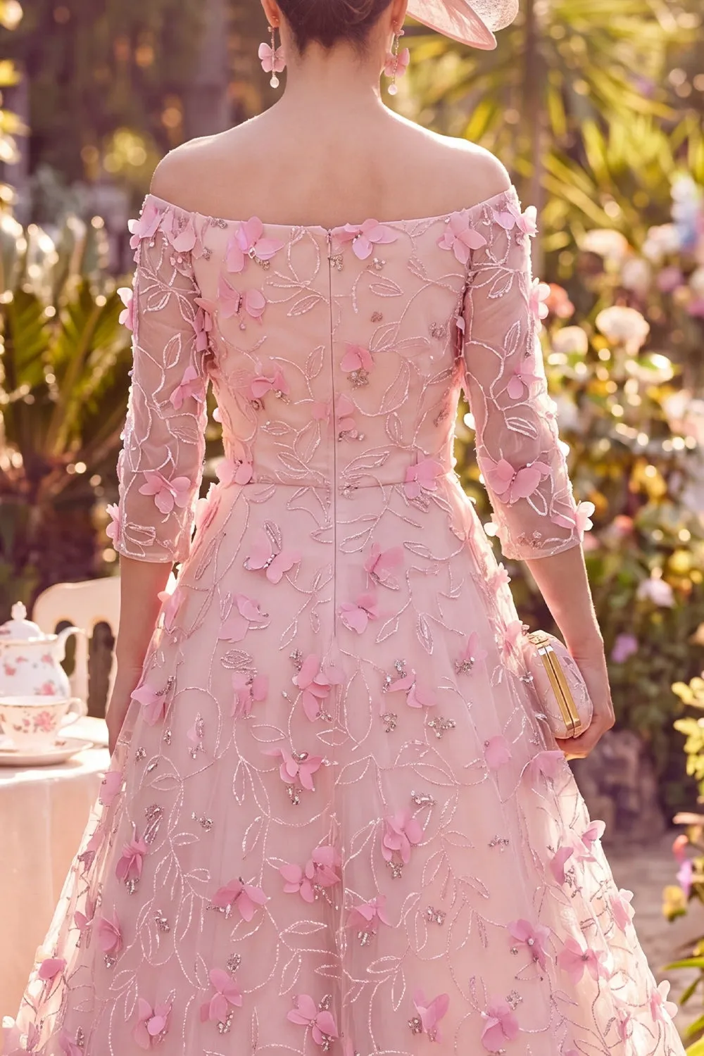 A-Line Off the Shoulder Pink Midi Mother of the Bride Dress with 3D Flowers sold by Zapaka product image thumbnail 4
