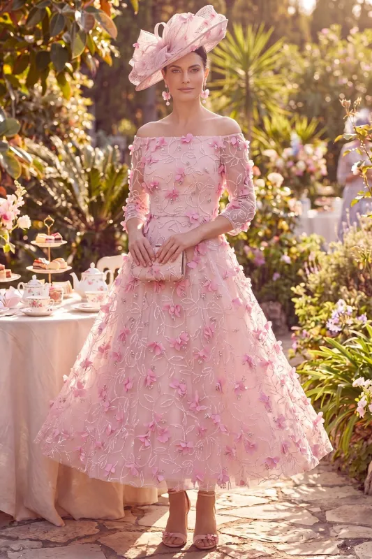 A-Line Off the Shoulder Pink Midi Mother of the Bride Dress with 3D Flowers made by Zapaka