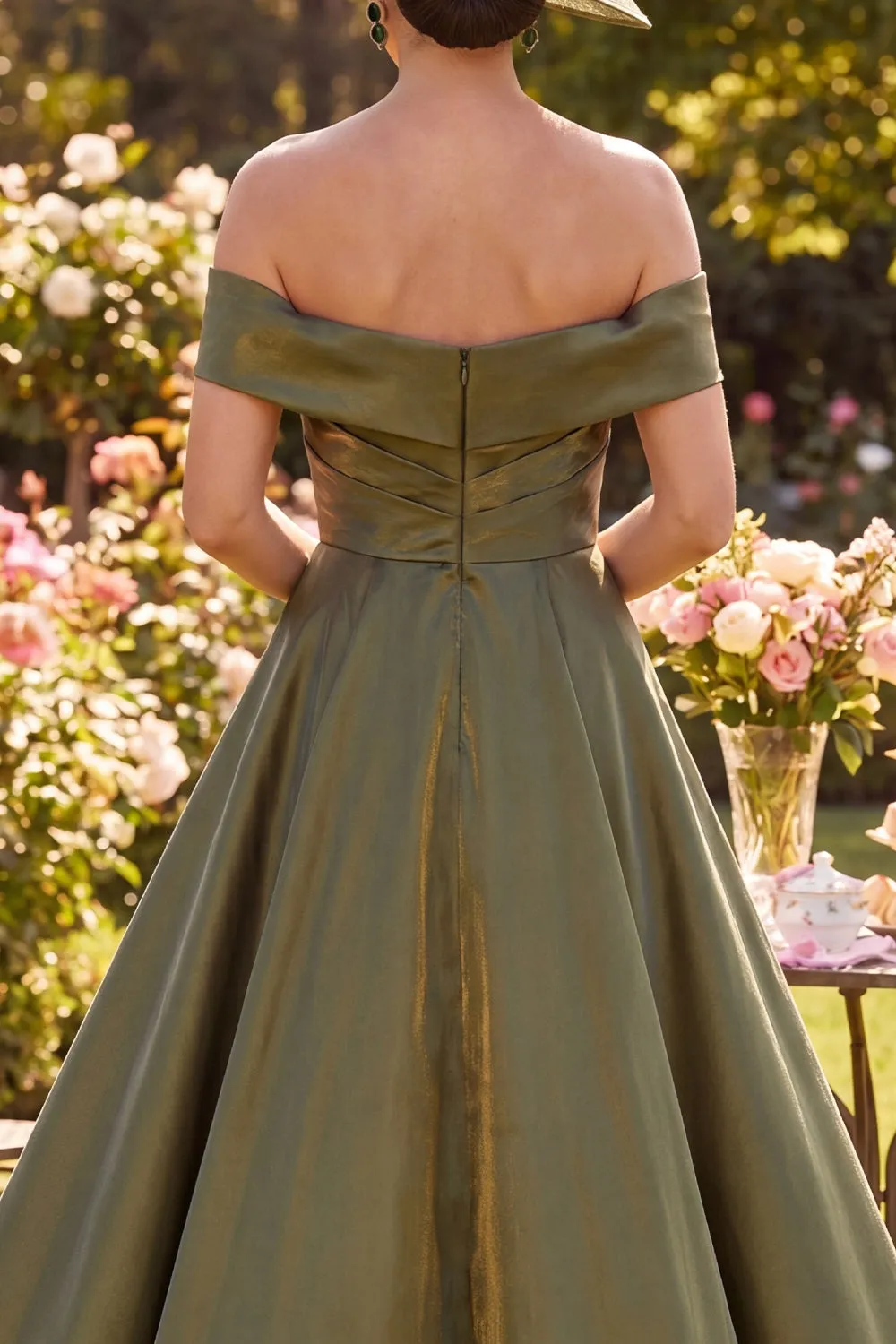Off the Shoulder Olive A-Line Ruched Mother of the Bride Dress sold by Zapaka product image thumbnail 4