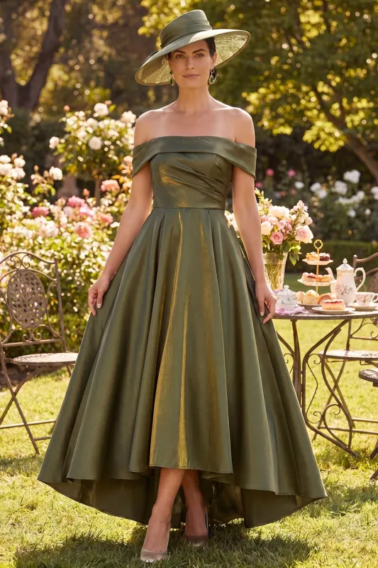 Off the Shoulder Olive A-Line Ruched Mother of the Bride Dress made by Zapaka