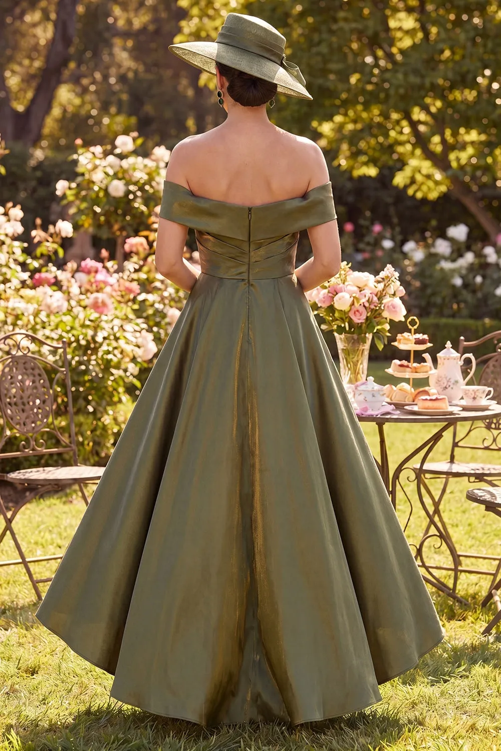 Off the Shoulder Olive A-Line Ruched Mother of the Bride Dress sold by Zapaka product image thumbnail 2
