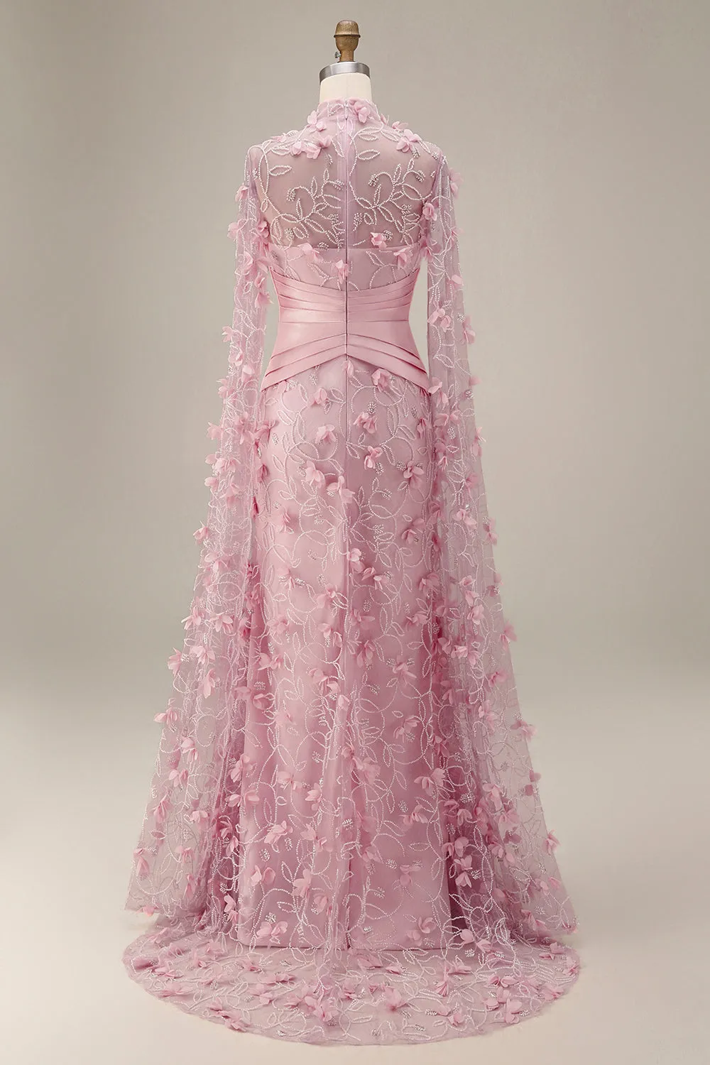 Mermaid Pink Illusion Neck 3D Floral Evening Dress with Cape Sleeves sold by Zapaka product image thumbnail 3