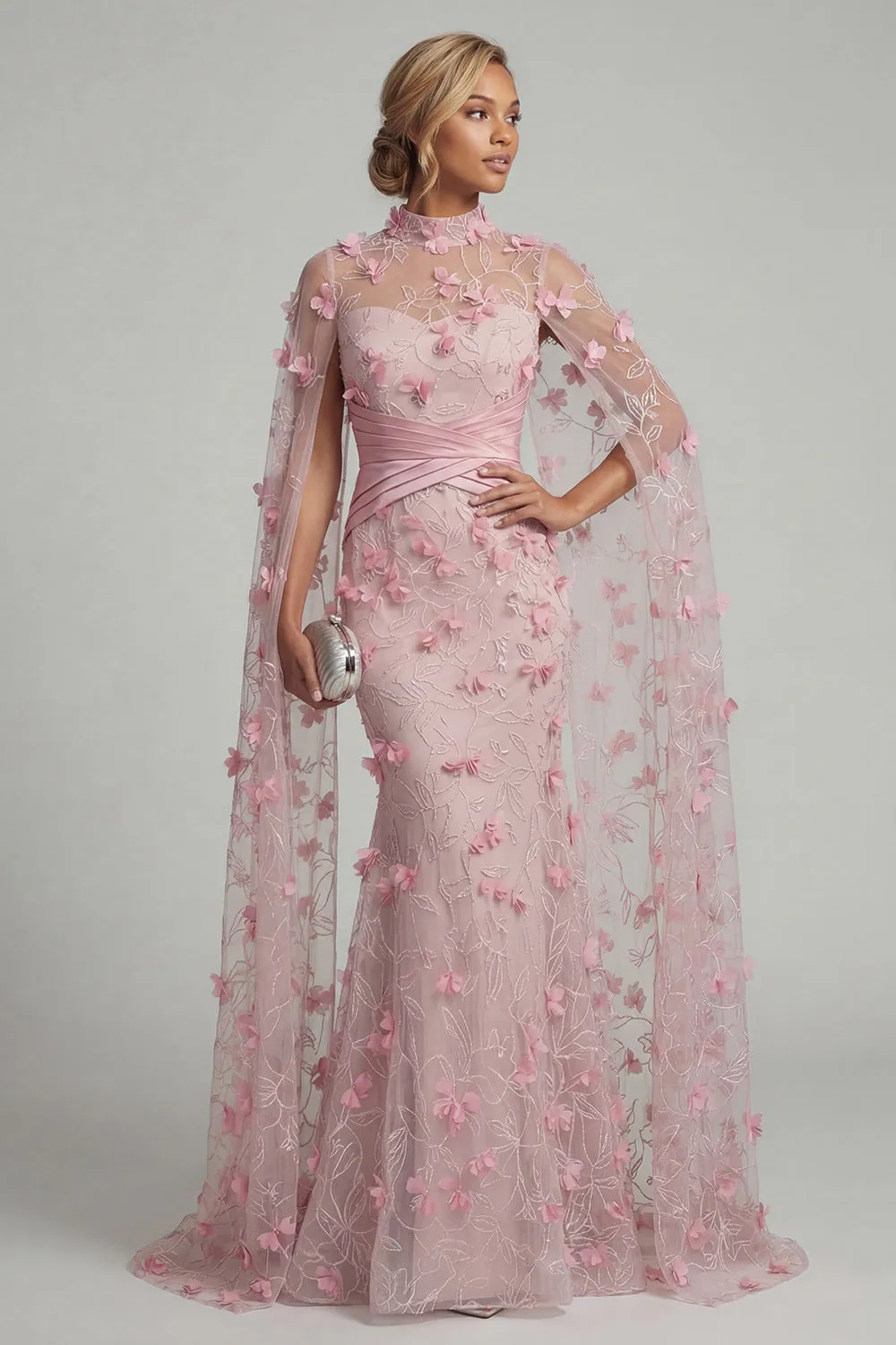 Mermaid Pink Illusion Neck 3D Floral Evening Dress with Cape Sleeves sold by Zapaka product image thumbnail 2