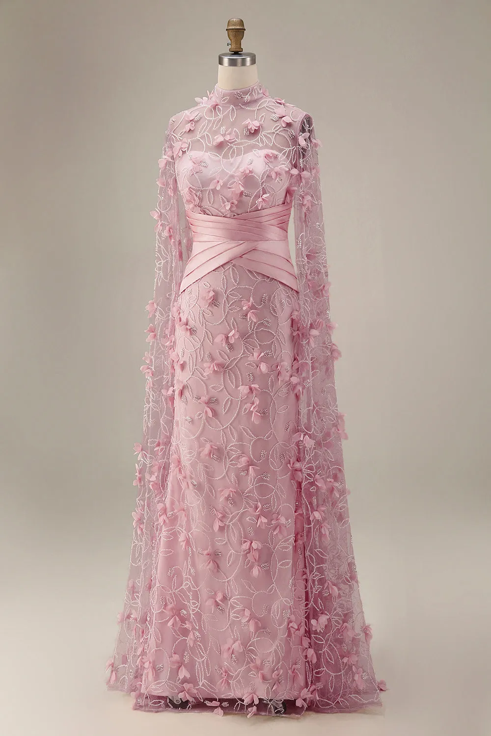 Mermaid Pink Illusion Neck 3D Floral Evening Dress with Cape Sleeves sold by Zapaka product image thumbnail 4