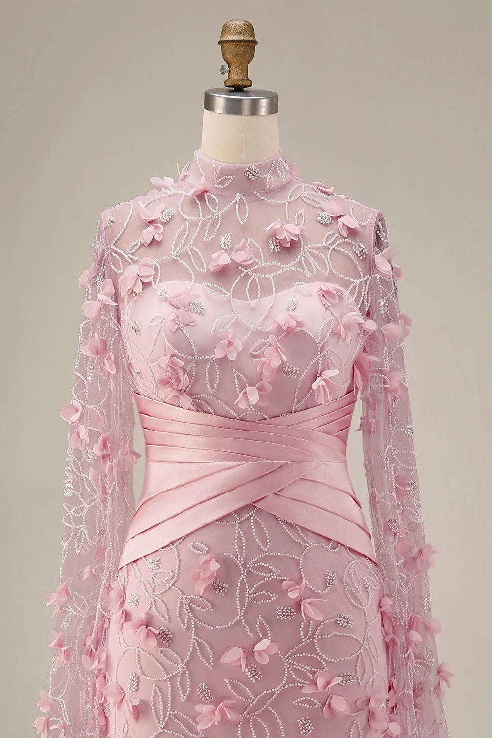 Mermaid Pink Illusion Neck 3D Floral Evening Dress with Cape Sleeves sold by Zapaka product image thumbnail 5