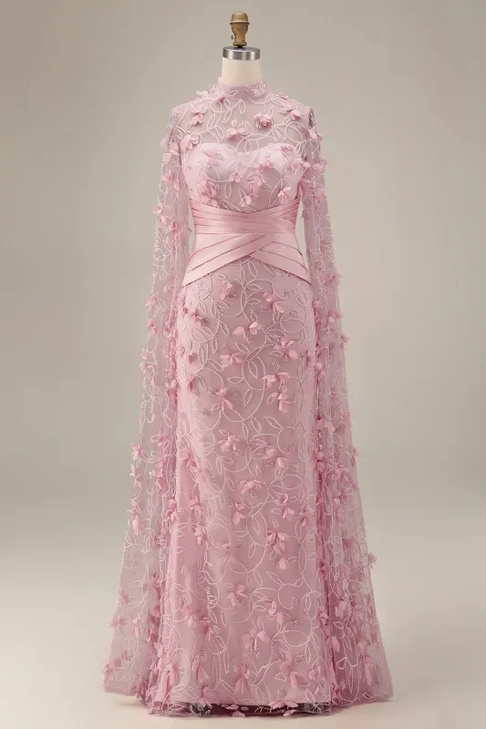 Mermaid Pink Illusion Neck 3D Floral Evening Dress with Cape Sleeves made by Zapaka