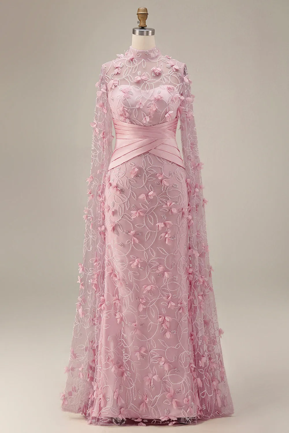 Mermaid Pink Illusion Neck 3D Floral Evening Dress with Cape Sleeves sold by Zapaka