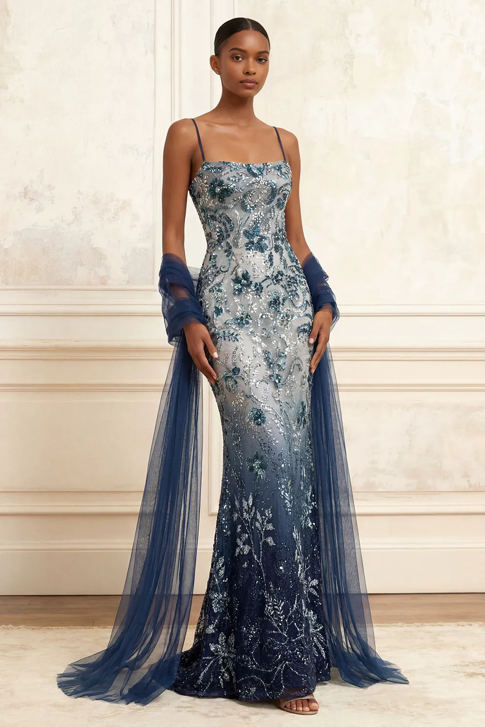 Floral Embroidery Ombre Sequin Long Prom Dress with Tulle Shawl sold by Zapaka product image thumbnail 3
