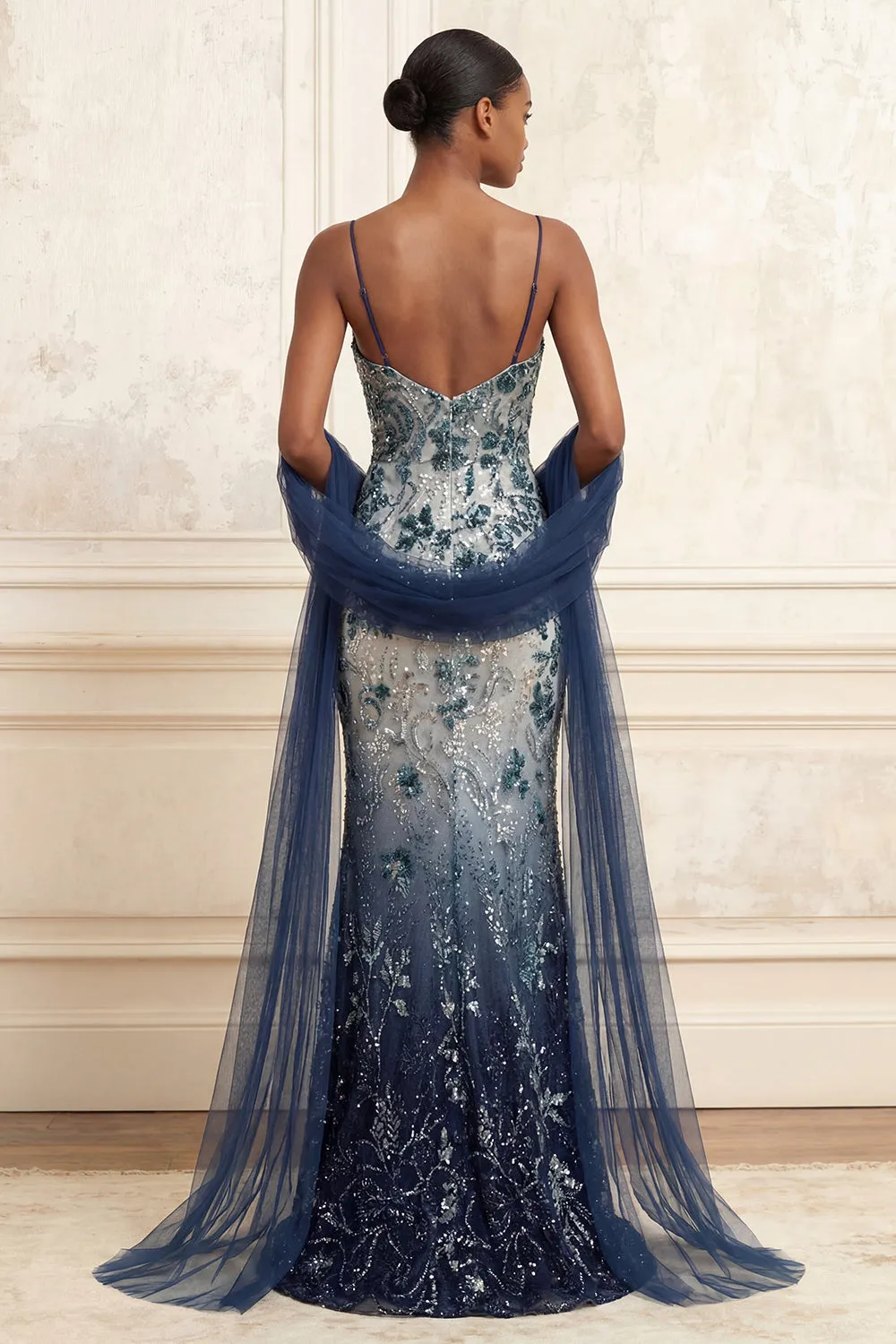 Floral Embroidery Ombre Sequin Long Prom Dress with Tulle Shawl sold by Zapaka product image thumbnail 4