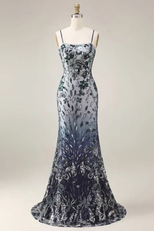 Floral Embroidery Ombre Sequin Long Prom Dress with Tulle Shawl made by Zapaka