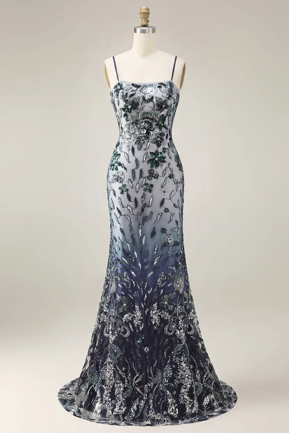 Floral Embroidery Ombre Sequin Long Prom Dress with Tulle Shawl sold by Zapaka