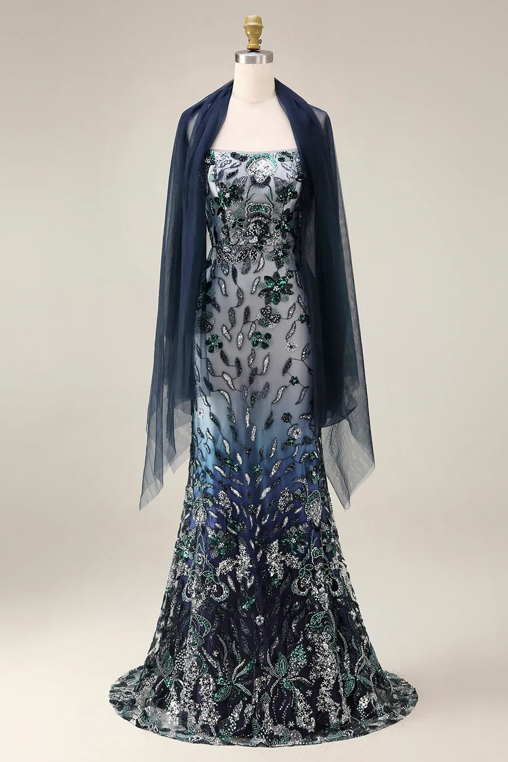 Floral Embroidery Ombre Sequin Long Prom Dress with Tulle Shawl sold by Zapaka product image thumbnail 5