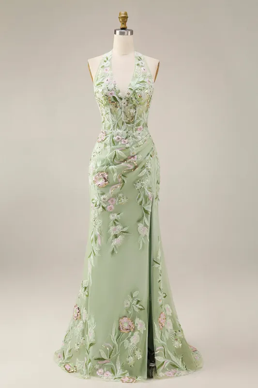 Dusty Sage Halter Sheer Corset Sheath Embroidered Long Prom Dress with Slit made by Zapaka