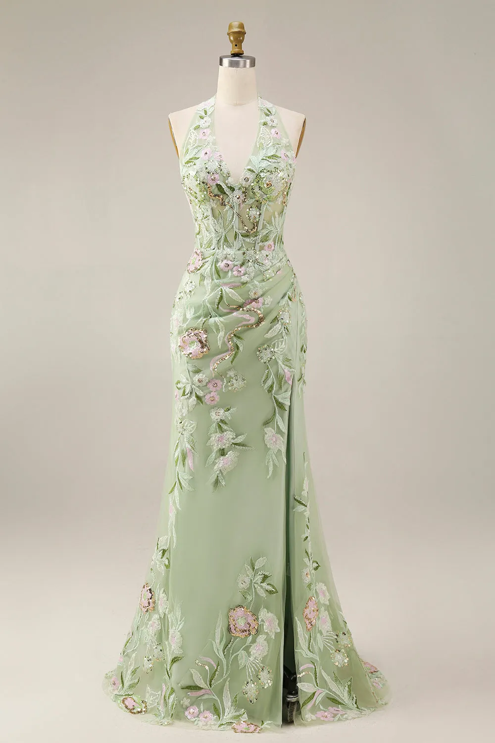 Dusty Sage Halter Sheer Corset Sheath Embroidered Long Prom Dress with Slit sold by Zapaka