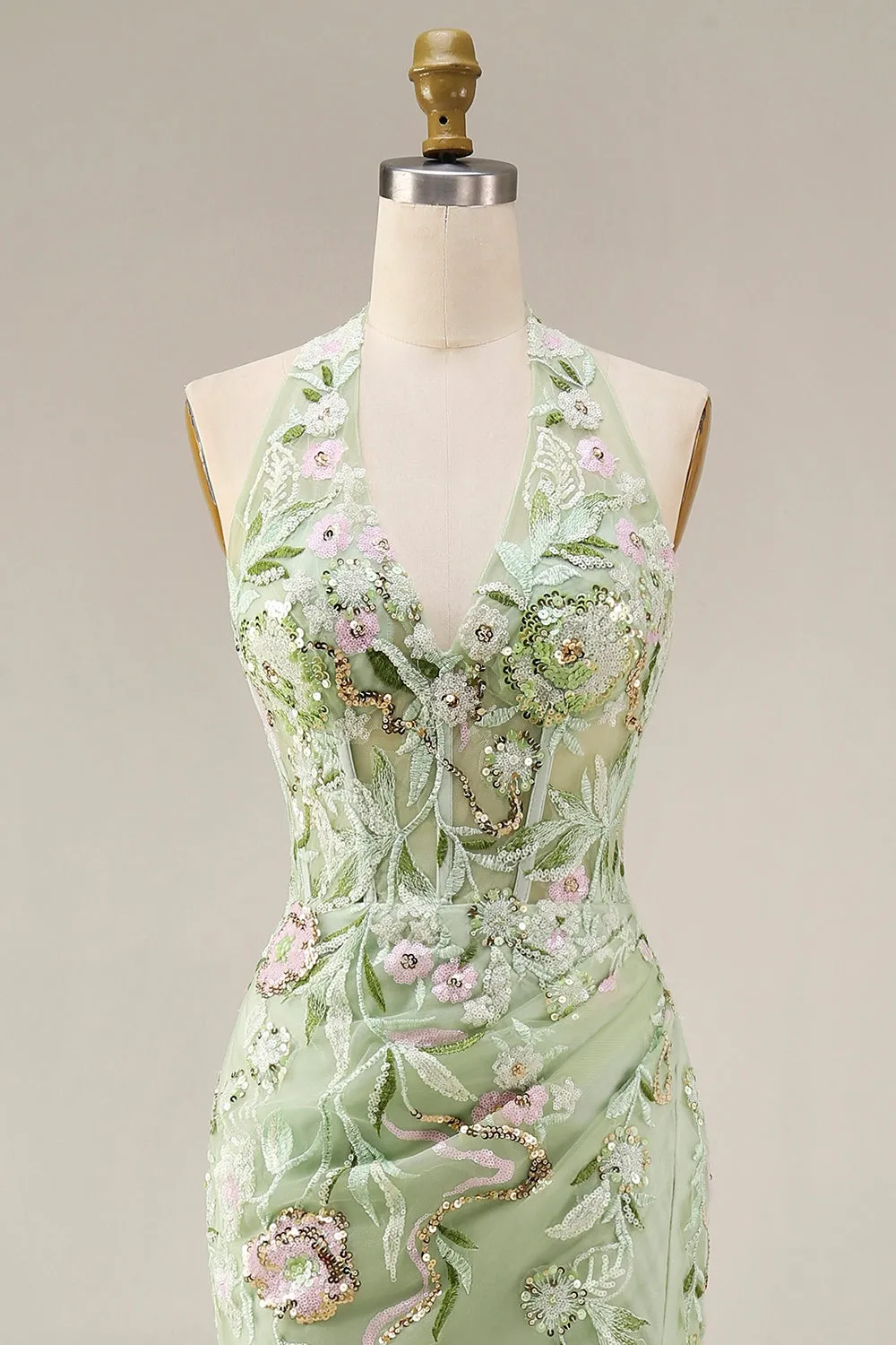 Dusty Sage Halter Sheer Corset Sheath Embroidered Long Prom Dress with Slit sold by Zapaka product image thumbnail 4