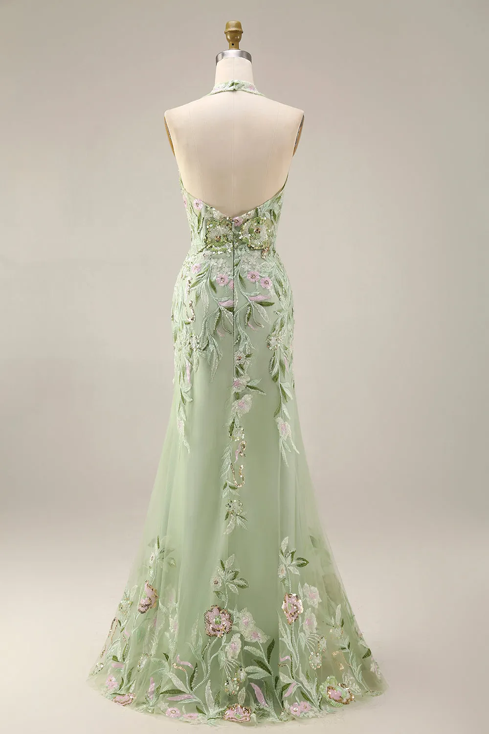 Dusty Sage Halter Sheer Corset Sheath Embroidered Long Prom Dress with Slit sold by Zapaka product image thumbnail 2