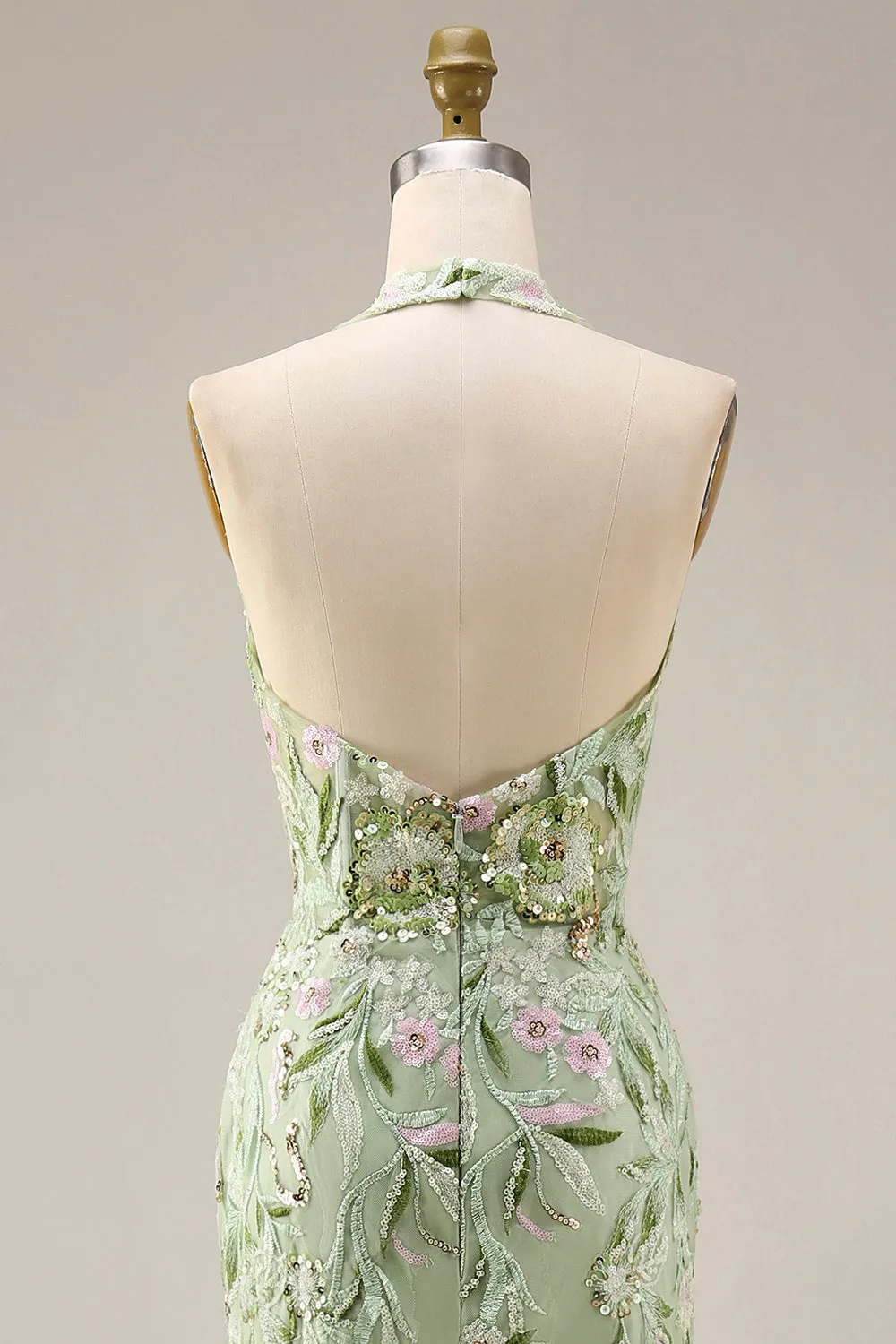 Dusty Sage Halter Sheer Corset Sheath Embroidered Long Prom Dress with Slit sold by Zapaka product image thumbnail 5