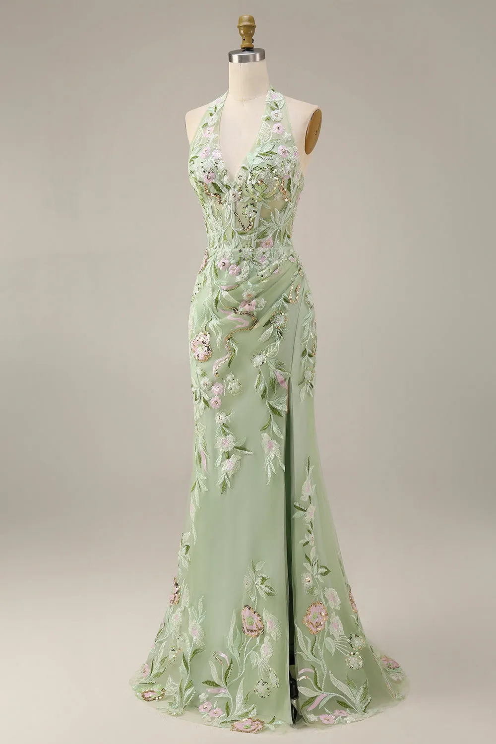 Dusty Sage Halter Sheer Corset Sheath Embroidered Long Prom Dress with Slit sold by Zapaka product image thumbnail 3
