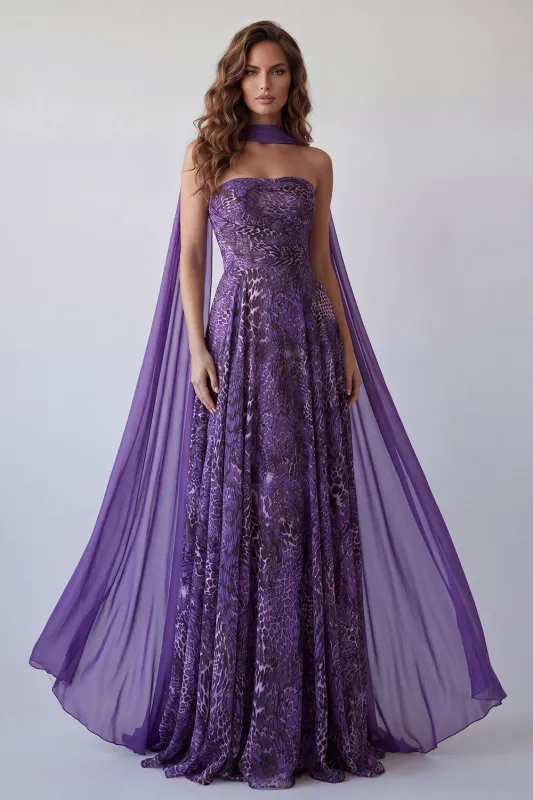 Strapless A-Line Purple Chiffon Long Formal Dress with Neck Scarf made by Zapaka