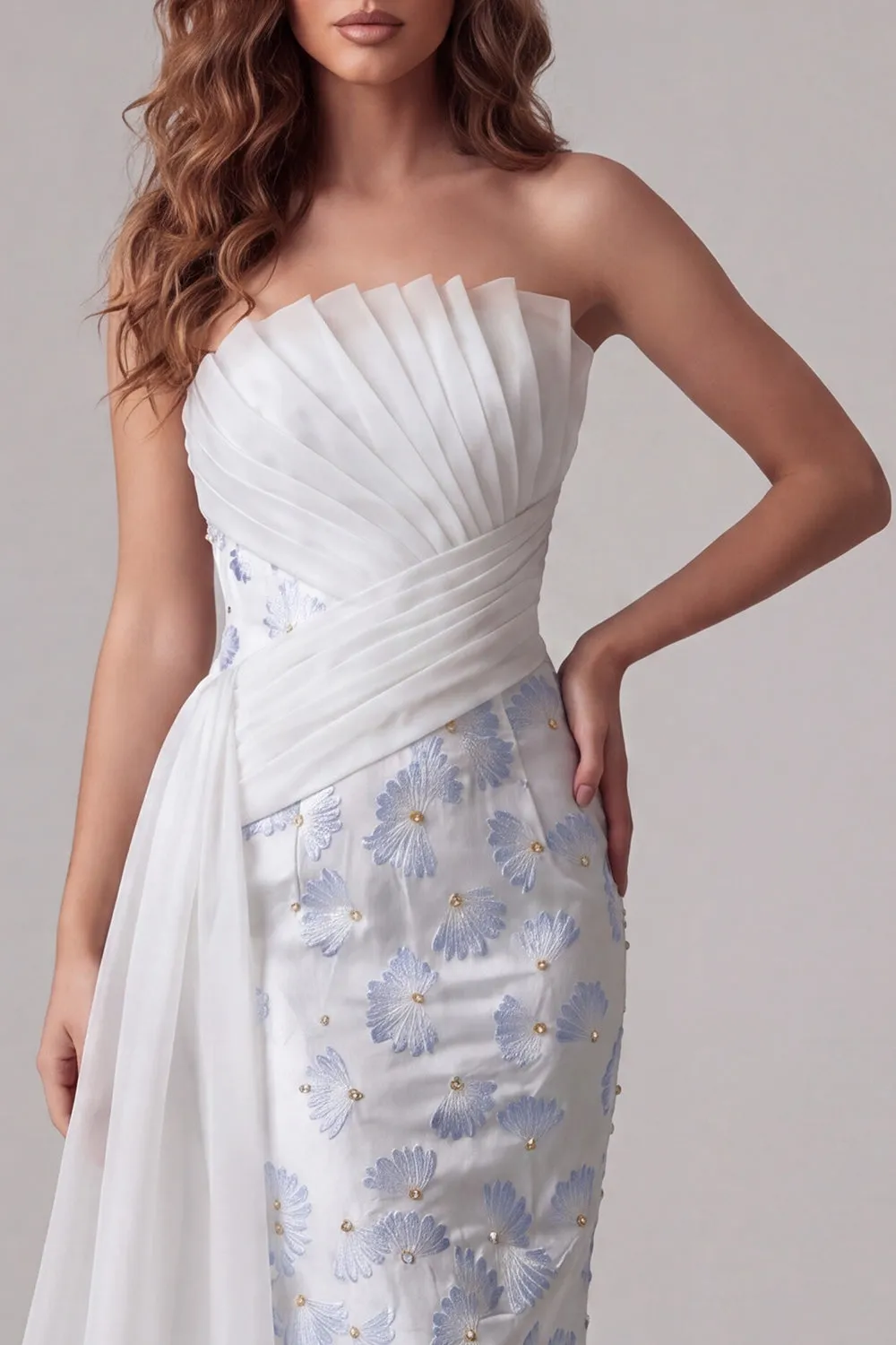 Light Blue Strapless Bodycon Ruched Floral Long Formal Dress with Sash sold by Zapaka product image thumbnail 4