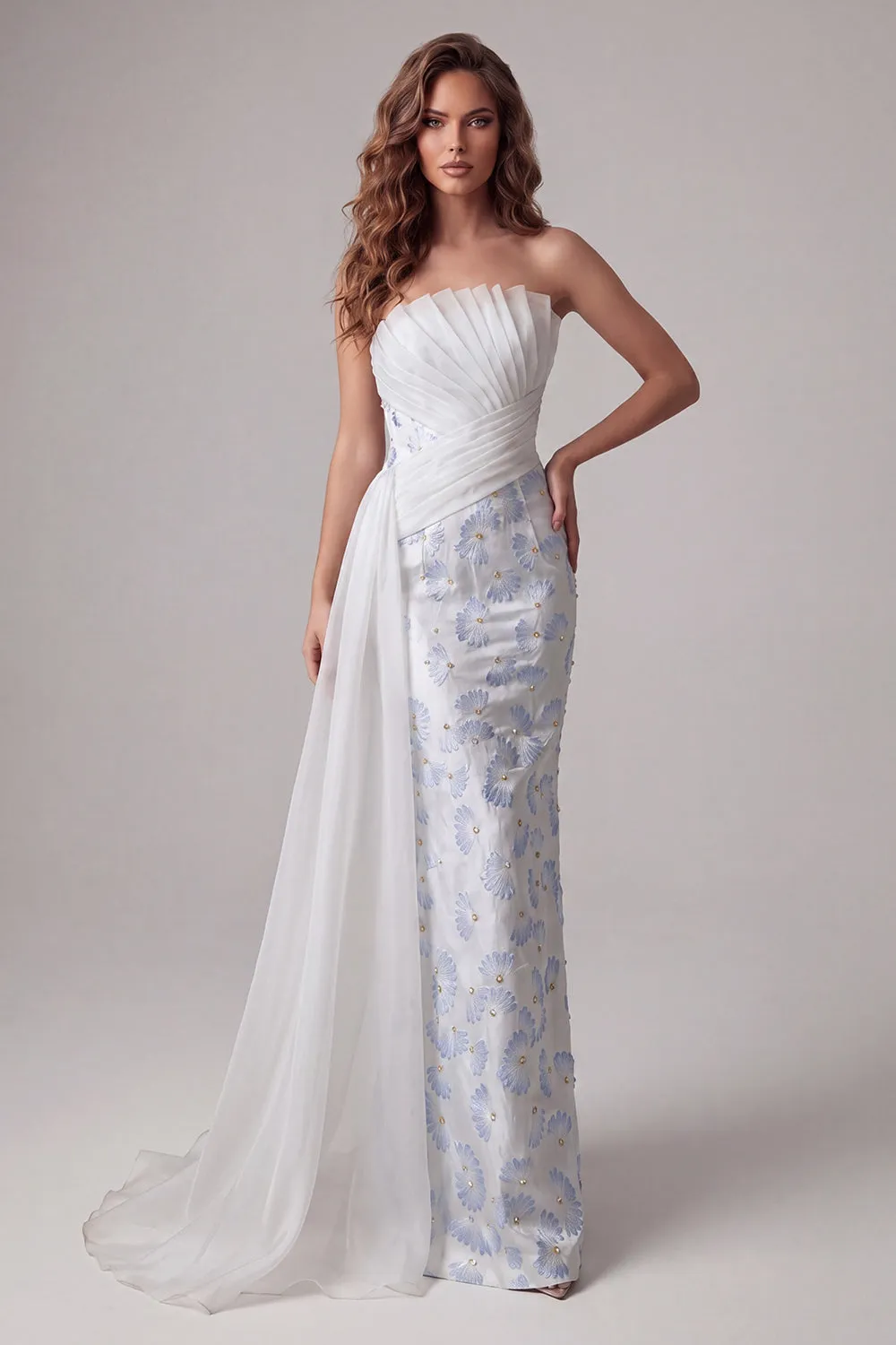 Light Blue Strapless Bodycon Ruched Floral Long Formal Dress with Sash sold by Zapaka