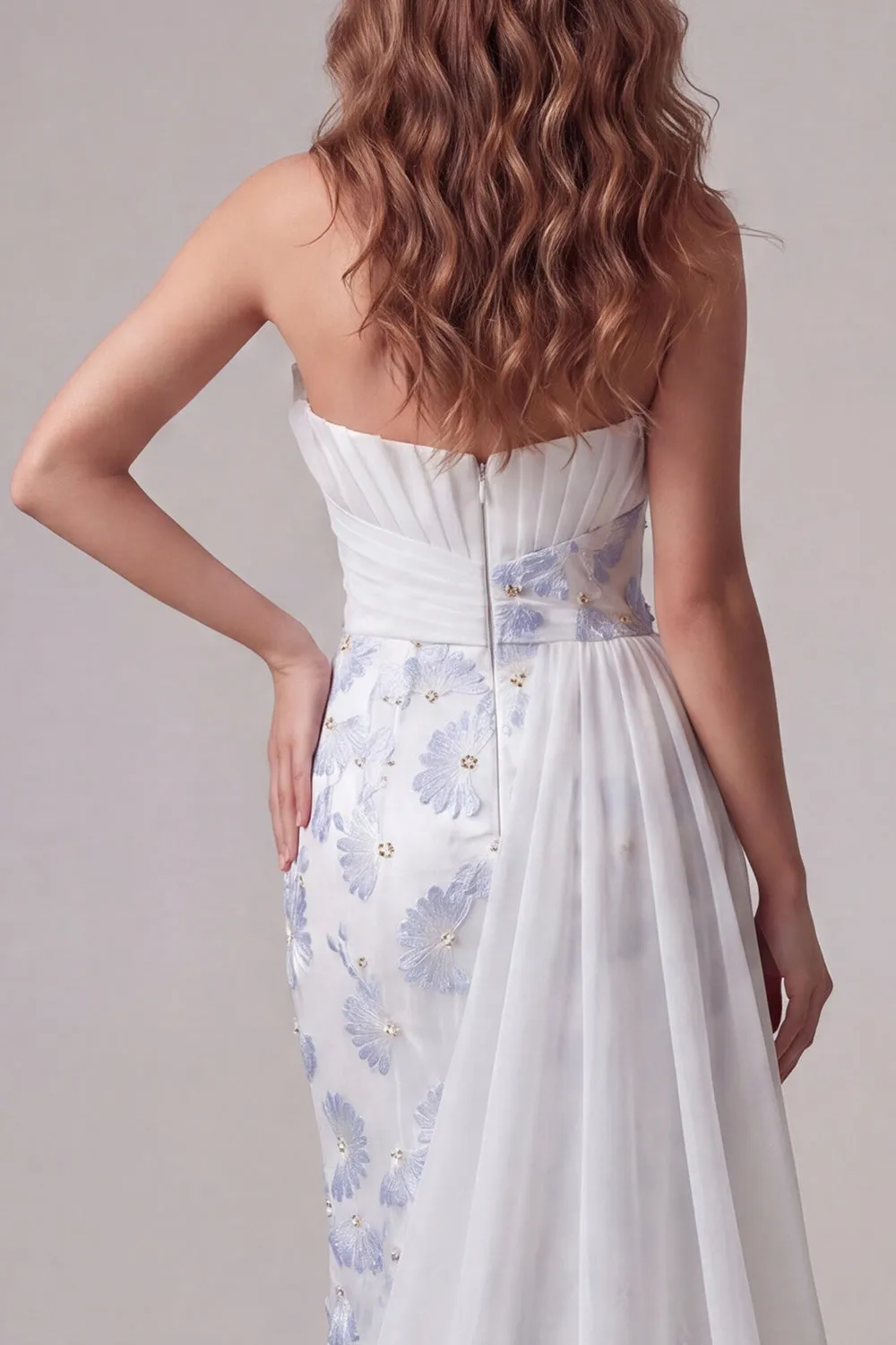 Light Blue Strapless Bodycon Ruched Floral Long Formal Dress with Sash sold by Zapaka product image thumbnail 5