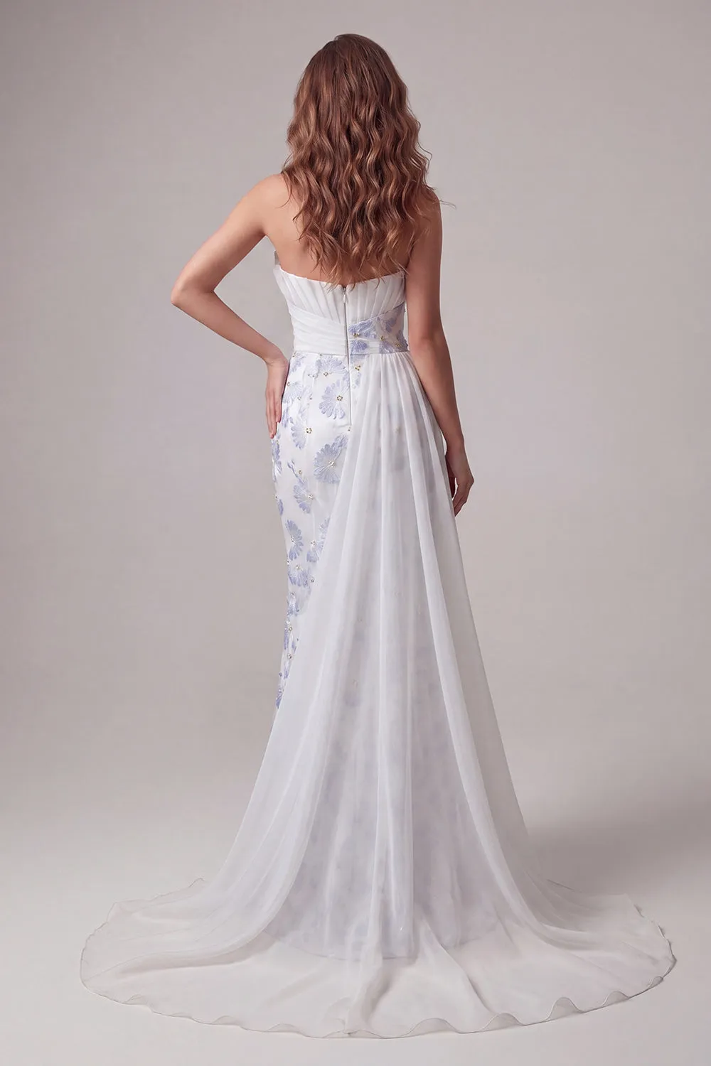 Light Blue Strapless Bodycon Ruched Floral Long Formal Dress with Sash sold by Zapaka product image thumbnail 2