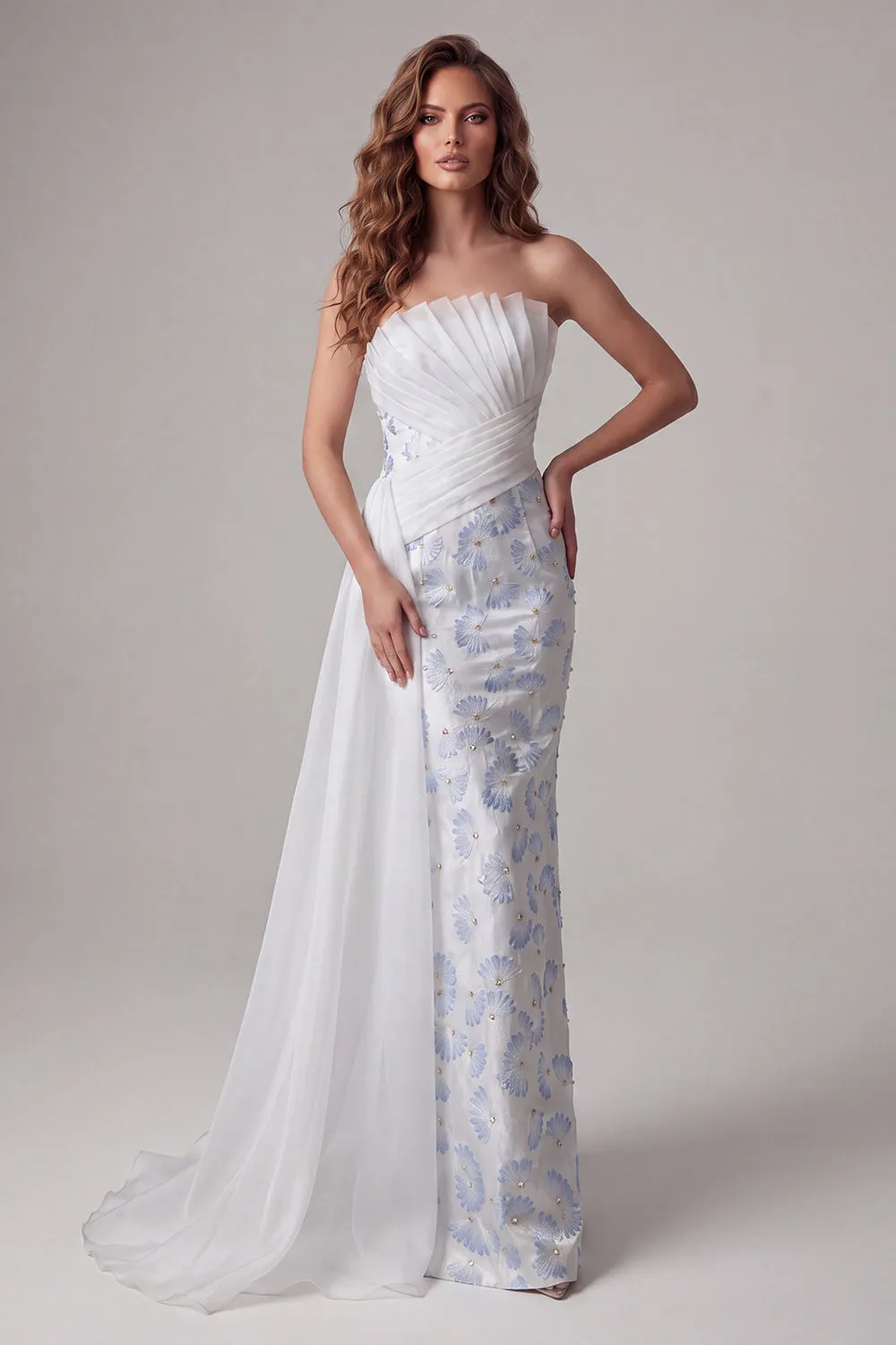Light Blue Strapless Bodycon Ruched Floral Long Formal Dress with Sash sold by Zapaka product image thumbnail 3