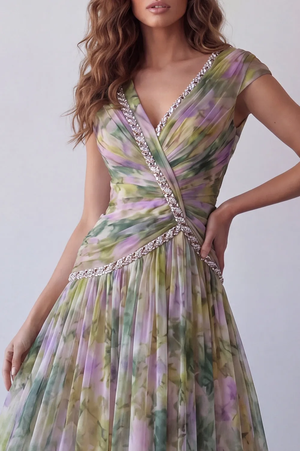 Chiffon Dusty Sage A-Line V-Neck Ruched Long Formal Dress sold by Zapaka product image thumbnail 3