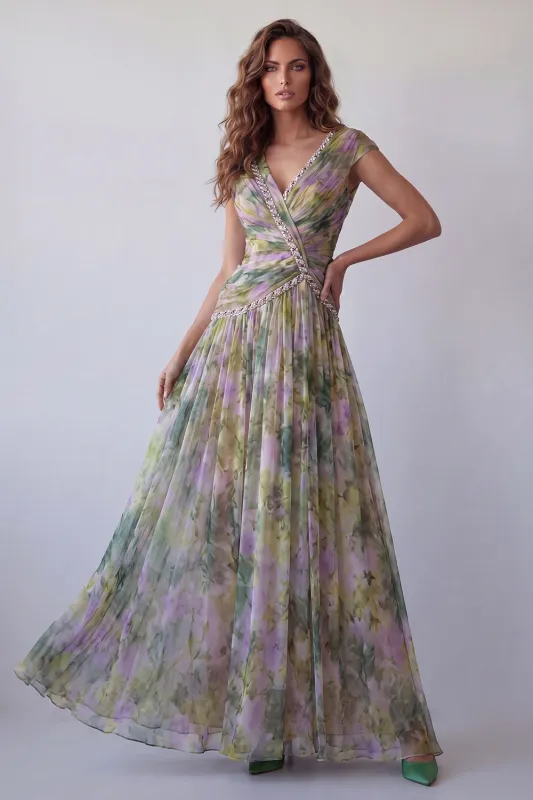 Chiffon Dusty Sage A-Line V-Neck Ruched Long Formal Dress made by Zapaka